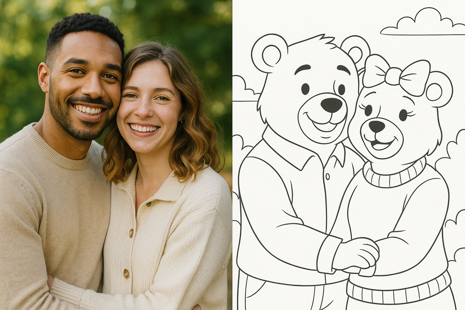 Couple photo transformed into teddy bears coloring page